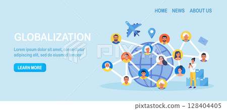 Globalization. People communicate at distance in cyberspace. Online friendship. Global communication worldwide. International business deal. Multicultural woman man from different countries together Globalization. People communicate at distance in cyberspace. Online friendship. Global communication worldwide. International business deal. Multicultural woman man from different countries together 128404405
