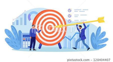 Businessman driving arrow to goal. Person sets and achieves goals. Business success achievement. Smart solution to achieve mission. Man aiming to target and hitting it 128404407