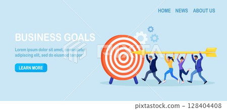 Business People Running, Carry Huge Arrow to Huge Target.  Successful Professional Team Hitting Aim. Good Work, Teamwork 128404408