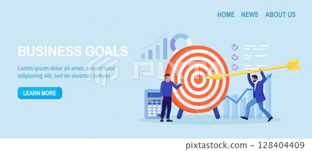 Businessman driving arrow to goal. Person sets and achieves goals. Business success achievement. Smart solution to achieve mission. Man aiming to target and hitting it 128404409