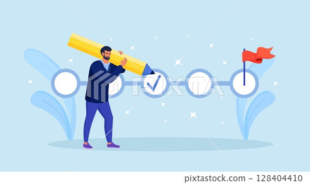 Plan fulfilled, mission completed. Businessman fill out to do list or checklist with big pencil. Successful execution of business tasks. Work planning, time management. Done job Plan fulfilled, mission completed. Businessman fill out to do list or checklist with big pencil. Successful execution of business tasks. Work planning, time management. Done job 128404410