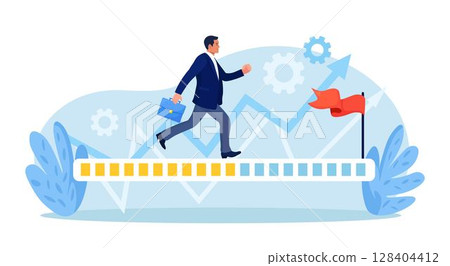 Progression from start to success or achieve goal. Business career path, mission or challenge to succeed. Businessman run on progress bar to achieve success flag. Project tracking, goal tracker Progression from start to success or achieve goal. Business career path, mission or challenge to succeed. Businessman run on progress bar to achieve success flag. Project tracking, goal tracker 128404412