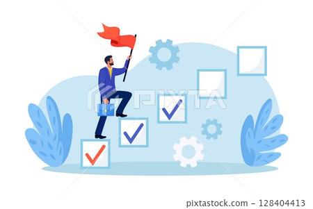 Project tracking, goal tracker. Businessman steps on checkbox in checklist to progress to target. Progression from start to success. Tasks completion to finish project. Development or improvement Project tracking, goal tracker. Businessman steps on checkbox in checklist to progress to target. Progression from start to success. Tasks completion to finish project. Development or improvement 128404413
