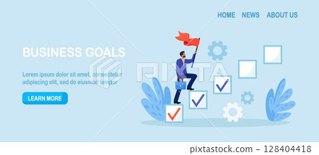 Project tracking, goal tracker. Businessman steps on checkbox in checklist to progress to target. Progression from start to success. Tasks completion to finish project. Development or improvement Project tracking, goal tracker. Businessman steps on checkbox in checklist to progress to target. Progression from start to success. Tasks completion to finish project. Development or improvement 128404418