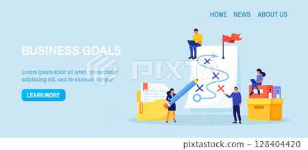 Plan to achieve goal. Businessmen planning business strategy on whiteboard, marketing tactic to reach target. Project analysis. Chart, scheme of action. Team brainstorm, solution to success 128404420