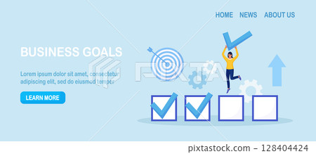 Happy employee woman celebrating completed task with check mark in hand. Goals accomplished. Achieving personal, business goal. Plan fulfilled, mission finished. Successful execution of business tasks 128404424