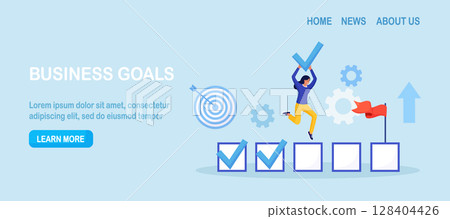 Happy employee woman celebrating completed task with check mark in hand. Goals accomplished. Achieving personal, business goal. Plan fulfilled, mission finished. Successful execution of business tasks 128404426