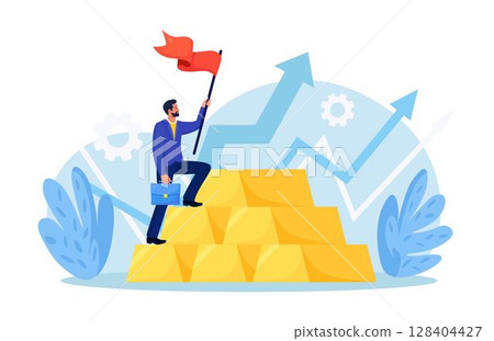 Gold investment. Successful investor or trader climbs up on stack of gold bar bullion. Employee making investing plans. Wealth management in financial crisis.  Financial literacy. Asset allocation 128404427