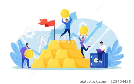 Gold investment concept. Successful investors or entrepreneur climb up steps and ingots towards flag. Financial literacy, goal setting. Trader or rich investor standing on stack of gold bar bullion 128404428