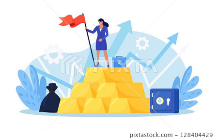 Gold investment. Successful investor or trader standing on stack of gold bar bullion. Employee making investing plans. Wealth management in financial crisis.  Financial literacy. Asset allocation 128404429