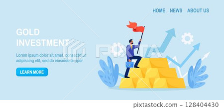Gold investment. Successful investor or trader climbs up on stack of gold bar bullion. Employee making investing plans. Wealth management in financial crisis.  Financial literacy. Asset allocation 128404430