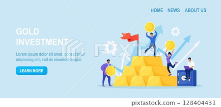 Gold investment concept. Successful investors or entrepreneur climb up steps and ingots towards flag. Financial literacy, goal setting. Trader or rich investor standing on stack of gold bar bullion 128404431