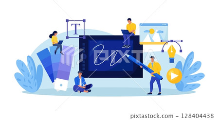 Graphic designers creating artwork using digital pen and tablet. Digital artist working on web page design. Advert designer or illustrator drawing picture on device screen. Professional software Graphic designers creating artwork using digital pen and tablet. Digital artist working on web page design. Advert designer or illustrator drawing picture on device screen. Professional software 128404438