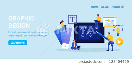 Graphic designers creating artwork using digital pen and tablet. Digital artist working on web page design. Advert designer or illustrator drawing picture on device screen. Professional software Graphic designers creating artwork using digital pen and tablet. Digital artist working on web page design. Advert designer or illustrator drawing picture on device screen. Professional software 128404439