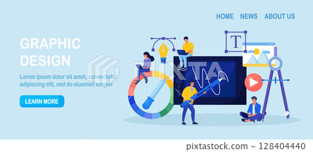 Digital artist create artwork with tablet pc software. Web ui design development. Advert designer or illustrator working on design of web page. Creative process. People drawing with graphic editor 128404440