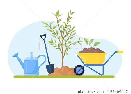 Wheelbarrow with shovel, watering can, saplings. Spring garden equipment. Horticulture set 128404442