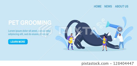 People caring of domestic animals or pets, blow drying, cutting fur, washing. Pet haircut, grooming. Cute cat at groomer salon 128404447