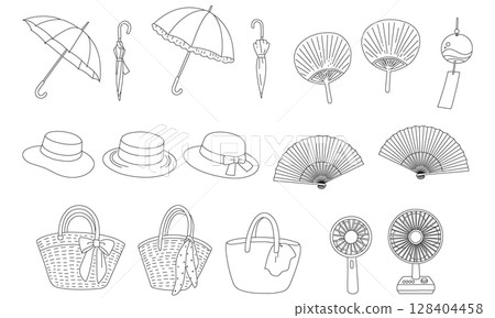 A set of summer items line drawings that can be used for coloring and decorations | Hats, parasols, fans, wind chimes, etc. 128404458
