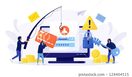 Cyber criminals phishing stealing private personal data, credentials, password, bank document and credit card. Tiny anonymous hackers attacking computer, hacking  email. Cyber crime, hacker attack 128404515
