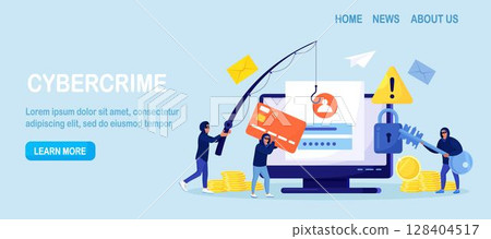 Cyber criminals phishing stealing private personal data, credentials, password, bank document and credit card. Tiny anonymous hackers attacking computer, hacking  email. Cyber crime, hacker attack 128404517