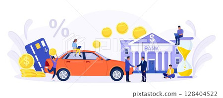 People purchase car with bank loan. Happy client buying new automobile on motor credit. Car leasing. Auto credit, car loan, auto finance, banking products. 128404522
