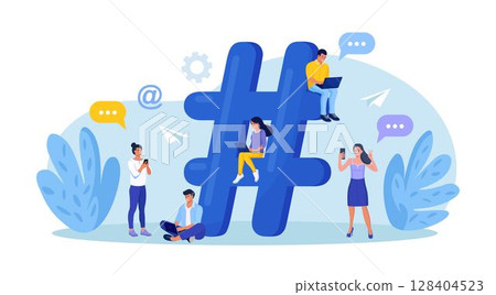 Hashtag big symbol. People texting, sending posts with hashtags and sharing them in social media with smartphone, laptop. Promotion in social network, blogging. SEO, marketing, advertising 128404523