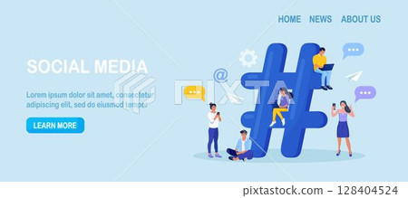 Hashtag big symbol. People texting, sending posts with hashtags and sharing them in social media with smartphone, laptop. Promotion in social network, blogging. SEO, marketing, advertising Hashtag big symbol. People texting, sending posts with hashtags and sharing them in social media with smartphone, laptop. Promotion in social network, blogging. SEO, marketing, advertising 128404524