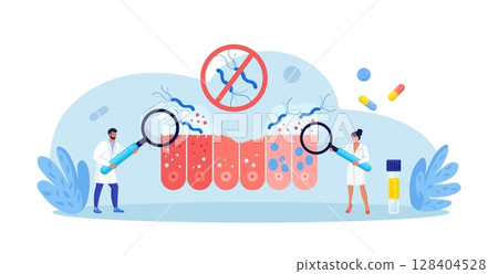 Helicobacter pylori infection. Bacterium with flagella damage stomach tissue. Digestive tract diseases, gastritis. Doctor inspecting stomach, intestine microflora, gut microorganisms. Gastroenterology Helicobacter pylori infection. Bacterium with flagella damage stomach tissue. Digestive tract diseases, gastritis. Doctor inspecting stomach, intestine microflora, gut microorganisms. Gastroenterology 128404528