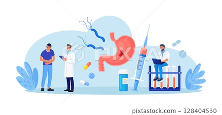 Helicobacter pylori infection process in stomach causes of gastritis, ulcer. Digestive tract diseases. Gastroenterology. Doctor inspecting stomach, intestine, gut microbiota, prescribes medication 128404530