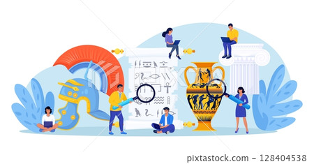 History school subject. Archeology. Students learning world history, greek and roman culture. People research ancient writing,piece of art, architecture. Studying of past. Science and education 128404538