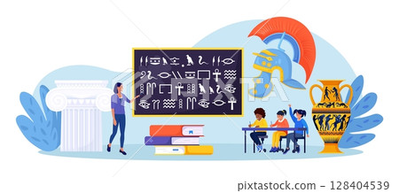 History school subject. Pupils learning world history, greek and roman culture. Education and science concept. Teacher pointing at chalkboard, teaching students with ancient language, alphabet 128404539