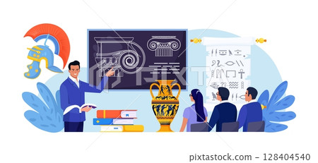 History school subject. Pupils learning world history, greek and roman culture. Education and science concept. Teacher pointing at chalkboard, teaching students with ancient architectural details 128404540