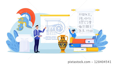 History school subject. Pupil learning world history, greek and roman culture. Education and science concept. Teacher pointing at chalkboard, teaching student with ancient architectural details 128404541