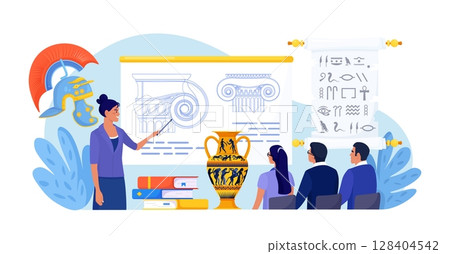 History school subject. Pupils learning world history, greek and roman culture. Education and science concept. Teacher pointing at chalkboard, teaching students with ancient architectural details History school subject. Pupils learning world history, greek and roman culture. Education and science concept. Teacher pointing at chalkboard, teaching students with ancient architectural details 128404542
