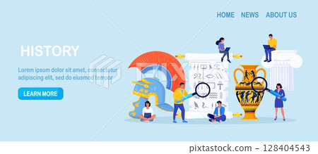 History school subject. Archeology. Students learning world history, greek and roman culture. People research ancient writing,piece of art, architecture. Studying of past. Science and education 128404543