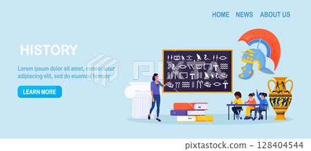 History school subject. Pupils learning world history, greek and roman culture. Education and science concept. Teacher pointing at chalkboard, teaching students with ancient language, alphabet History school subject. Pupils learning world history, greek and roman culture. Education and science concept. Teacher pointing at chalkboard, teaching students with ancient language, alphabet 128404544