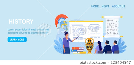 History school subject. Pupils learning world history, greek and roman culture. Education and science concept. Teacher pointing at chalkboard, teaching students with ancient architectural details 128404547