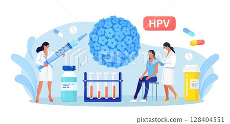 HPV vaccination for reduce virus infection risk or oncology. Human papillomavirus. HPV infection medication. Doctor vaccinate against cervical cancer. Scientist analyzing infected cells 128404551