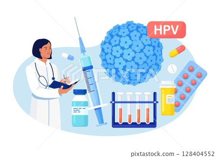 Human papillomavirus. Doctor diagnosis HPV virus. Cervical cancer early diagnostics and checkup. Scientist analyzing infected cells. HPV vaccination for reduce virus infection risk or oncology 128404552