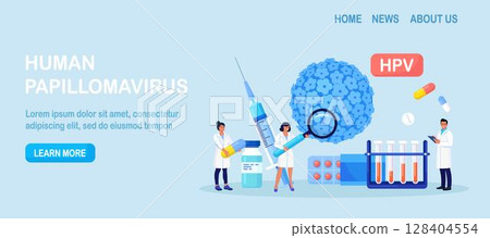 Human papillomavirus. Doctor diagnosis HPV virus. Cervical cancer early diagnostics and checkup. Scientist analyzing infected cells. HPV vaccination for reduce virus infection risk or oncology 128404554
