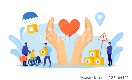 Humanitarian aid. Social worker distributing food, medical supplies to needy people. Volunteering, donation, humanitarian relief. Volunteers giving help boxes to refugees Government assistance to poor 128404555