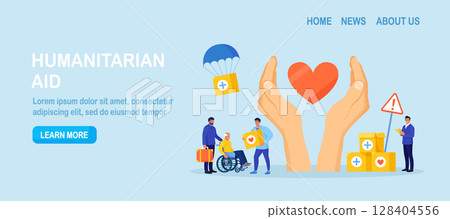 Humanitarian aid. Social worker distributing food, medical supplies to needy people. Volunteering, donation, humanitarian relief. Volunteers giving help boxes to refugees Government assistance to poor 128404556