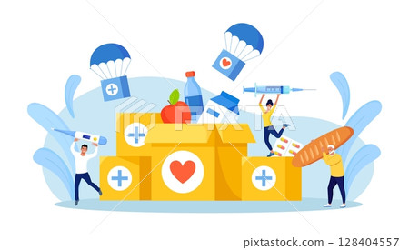 Humanitarian aid. Social worker collecting food, medical supplies to needy people. Volunteering, donation, humanitarian relief. Volunteers pack help boxes for refugees. Government assistance to poor 128404557