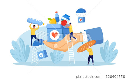 Humanitarian Aid, Food Donation for Poor People, Refugees. Team of Volunteers Collecting Help Boxes to Shelters, Filling Cardboard Donation Box with Products, Groceries. Charity People Sharing Food Humanitarian Aid, Food Donation for Poor People, Refugees. Team of Volunteers Collecting Help Boxes to Shelters, Filling Cardboard Donation Box with Products, Groceries. Charity People Sharing Food 128404558