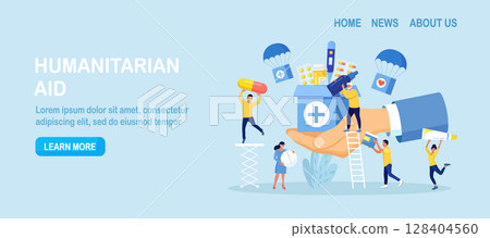 Humanitarian Aid. Voluntary Social Assistance and Support. Volunteers Collecting Food, Medicine for Refugees. People Donating Medications First Aid. Charity, Medicines Donation for Needy Poor People. 128404560