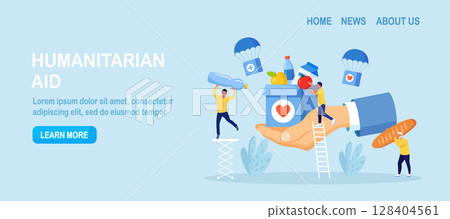 Humanitarian Aid, Food Donation for Poor People, Refugees. Team of Volunteers Collecting Help Boxes to Shelters, Filling Cardboard Donation Box with Products, Groceries. Charity People Sharing Food 128404561