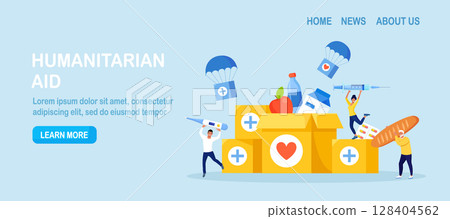 Humanitarian aid. Social worker collecting food, medical supplies to needy people. Volunteering, donation, humanitarian relief. Volunteers pack help boxes for refugees. Government assistance to poor 128404562