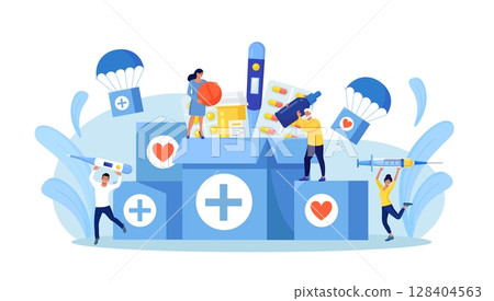 Humanitarian Aid. Voluntary Social Assistance and Support. Volunteers Collecting Food, Medicine for Refugees. People Donating Medications First Aid. Charity, Medicines Donation for Needy Poor People. 128404563