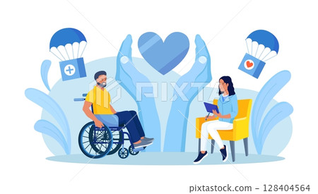 Psychology support for person in wheelchair. Woman caring about man mental health. Social aid and assistance. Solidarity from charitable community, supportive society. Supporting man with disability 128404564
