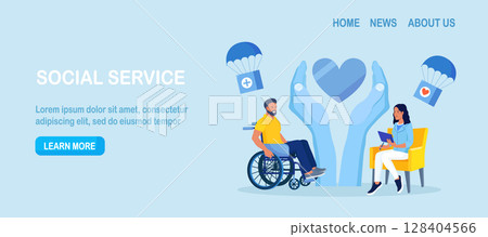 Psychology support for person in wheelchair. Woman caring about man mental health. Social aid and assistance. Solidarity from charitable community, supportive society. Supporting man with disability 128404566